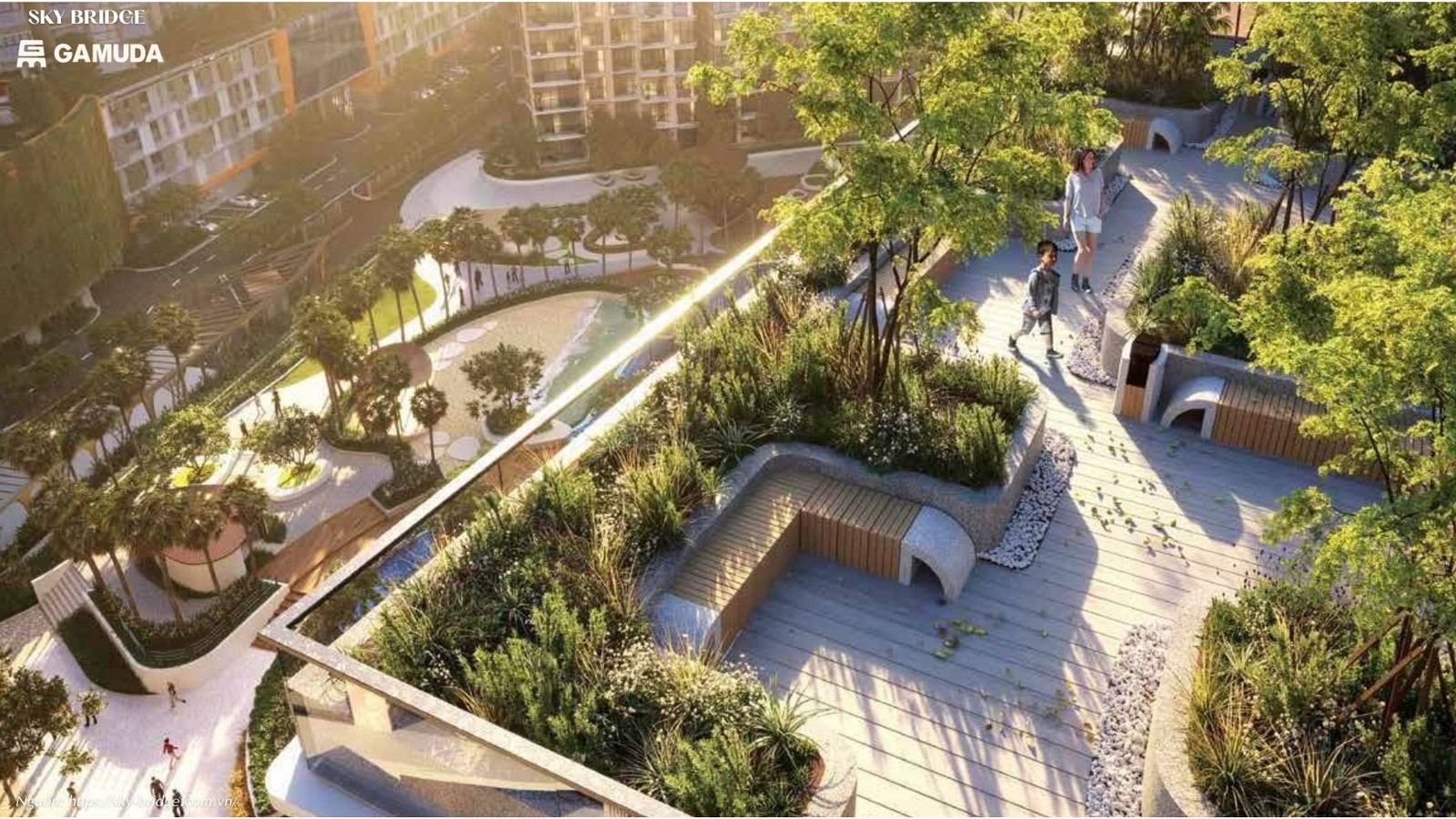 Đường dạo bộ công viên xanh quanh căn hộ SkyBridge Gamuda 